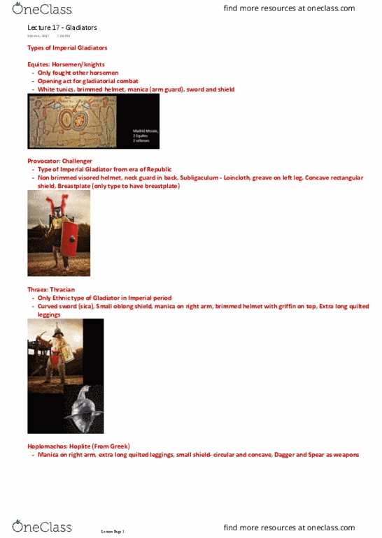 Classical Studies 2300 Lecture Notes - Lecture 17: Gladiator, Thraex, Subligaculum thumbnail