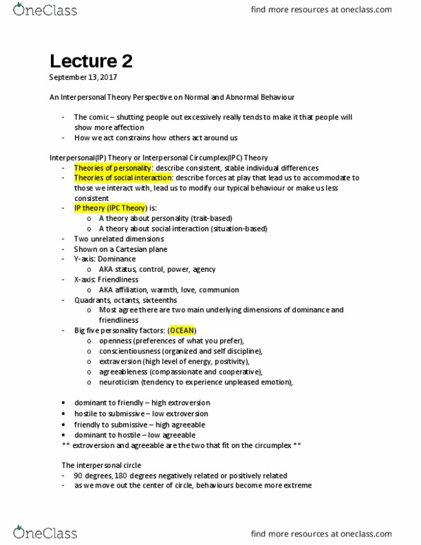 BI226 Lecture Notes - Lecture 2: Interpersonal Circumplex, Cartesian Coordinate System, Agreeableness thumbnail