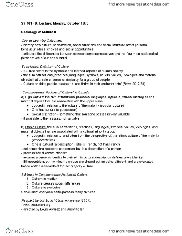 SY101 Lecture Notes - Lecture 8: William Graham Sumner, Sociological Perspectives, Social Constructionism thumbnail