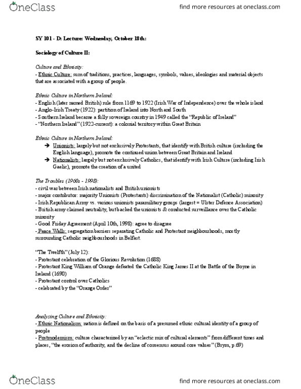 SY101 Lecture Notes - Lecture 9: Irish Nationalism, The Twelfth, Culture Of The United Kingdom thumbnail
