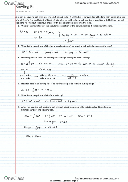 PHYS 120 Lecture Notes - Lecture 16: Kinetic Energy, Bowling Ball, Friction thumbnail