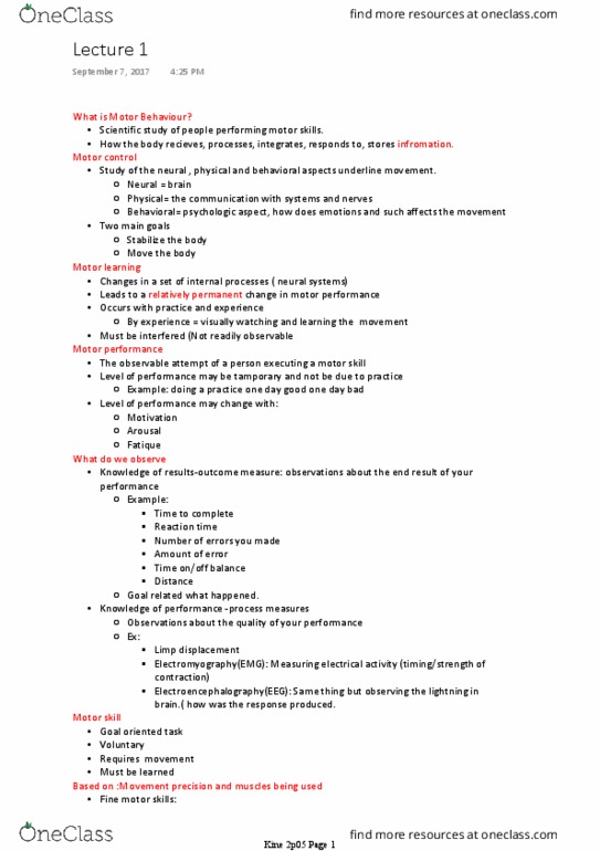 KINE 2P05 Lecture Notes - Lecture 1: Motor Skill, Electroencephalography, Lightning thumbnail