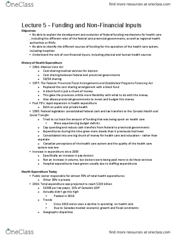 Health Sciences 3400A/B Lecture Notes - Lecture 5: Canada Health Transfer, Canada Health Act, Territorial Formula Financing thumbnail