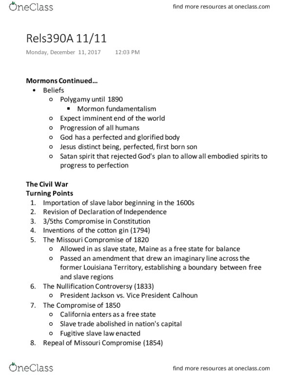 REL S 390A Lecture Notes - Lecture 20: Missouri Compromise, Fugitive Slaves In The United States, Mormon Fundamentalism thumbnail