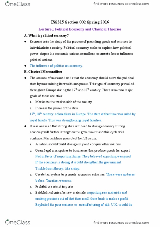 ISS 315 Lecture Notes - Lecture 1: Mercantilism, Free Market, Classical Liberalism thumbnail