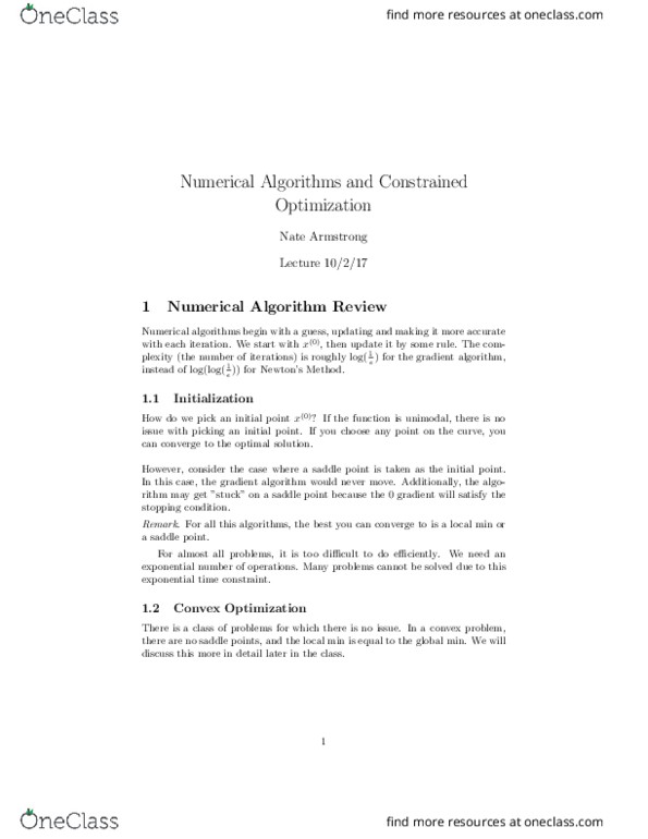 IND ENG 160 Lecture Notes - Lecture 10: Convex Optimization, Unimodality, Tangent Space thumbnail