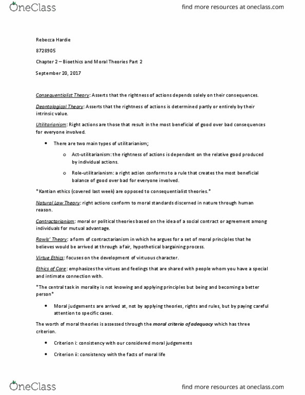 PHI 2396 Lecture Notes - Lecture 2: Kantian Ethics, Consequentialism thumbnail