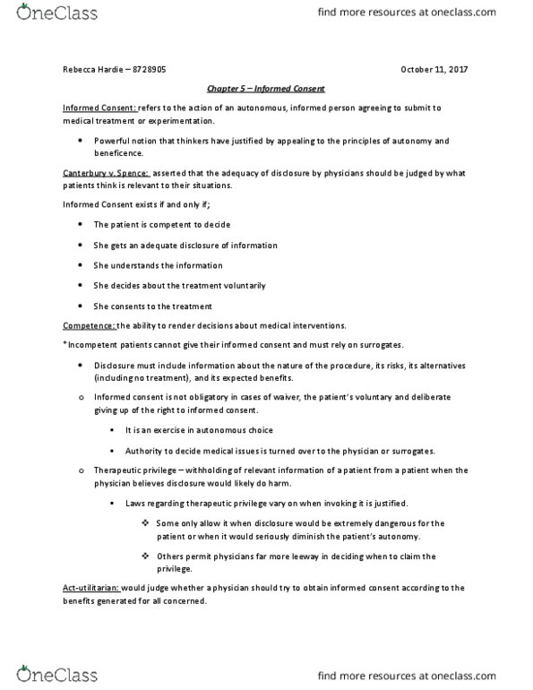 PHI 2396 Lecture Notes - Lecture 5: Informed Consent, Kantian Ethics thumbnail