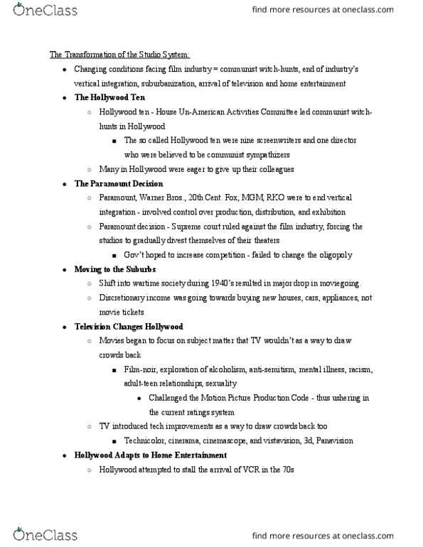 COM CO 101 Lecture Notes - Lecture 5: House Un-American Activities Committee, Hollywood Blacklist, The Weinstein Company thumbnail