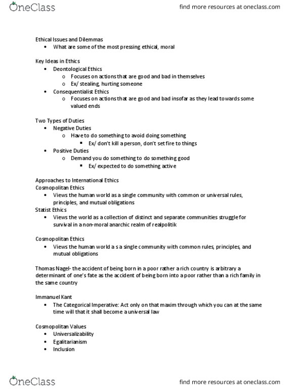 POLSCI 2I03 Lecture Notes - Lecture 9: Deontological Ethics, Immanuel Kant, Categorical Imperative thumbnail