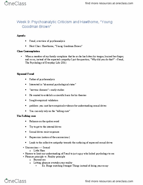 ENGL 251A Lecture Notes - Lecture 9: Young Goodman Brown, Talking Cure, Freudian Slip thumbnail