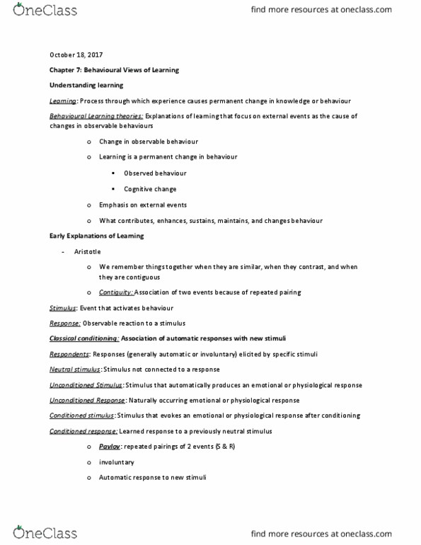 PSYCH212 Lecture Notes - Lecture 5: Reinforcement, Contiguity, Observational Learning thumbnail