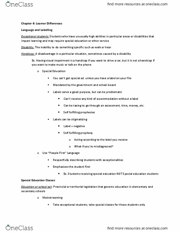 PSYCH212 Lecture Notes - Lecture 4: Resource Room, Learning Disability, 18 Months thumbnail