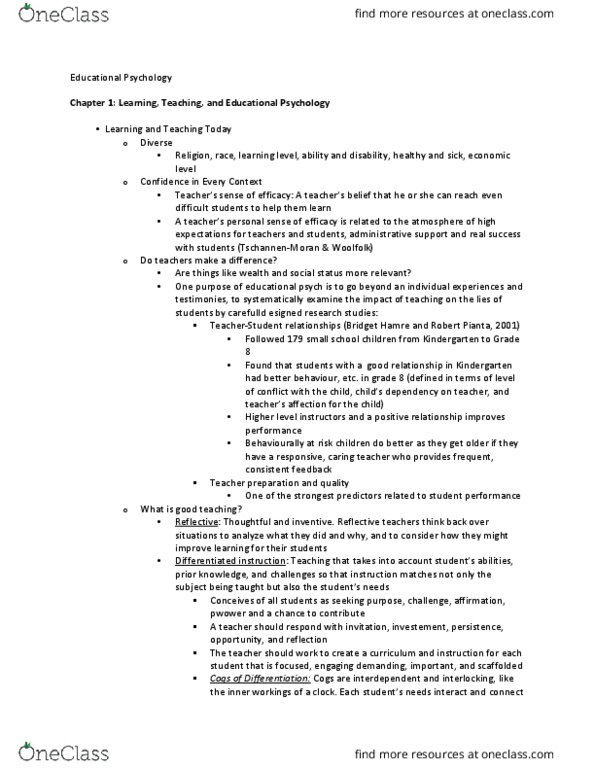 PSYCH212 Lecture Notes - Lecture 1: Educational Psychology, Differentiated Instruction, Kindergarten thumbnail