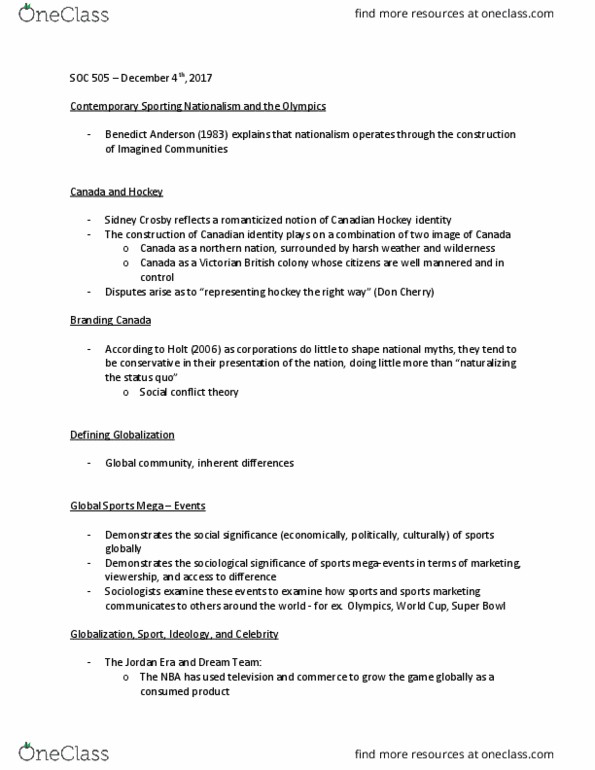 SOC 505 Lecture Notes - Lecture 24: Sidney Crosby, Social Conflict Theory, Canadian Identity thumbnail