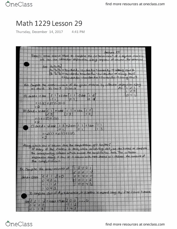 Mathematics 1229A/B Lecture 29: Math 1229 Lesson 29 (determinant by cofactor expansion) thumbnail