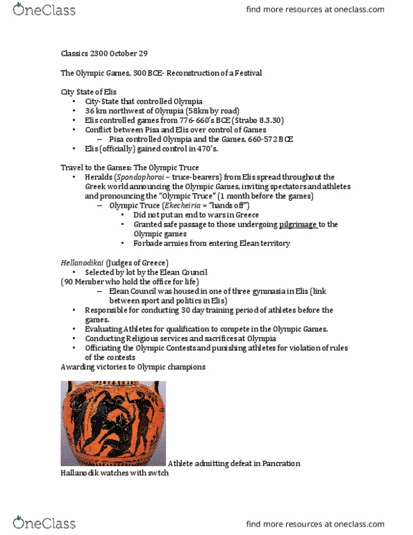 Classical Studies 2300 Lecture Notes - Lecture 7: Olympic Oath, Hellanodikai, Elis thumbnail