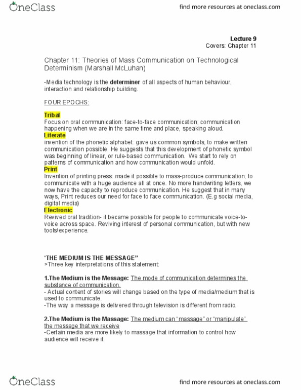 COMS 201 Lecture Notes - Lecture 9: Technological Determinism, Mass Communication, Marshall Mcluhan thumbnail