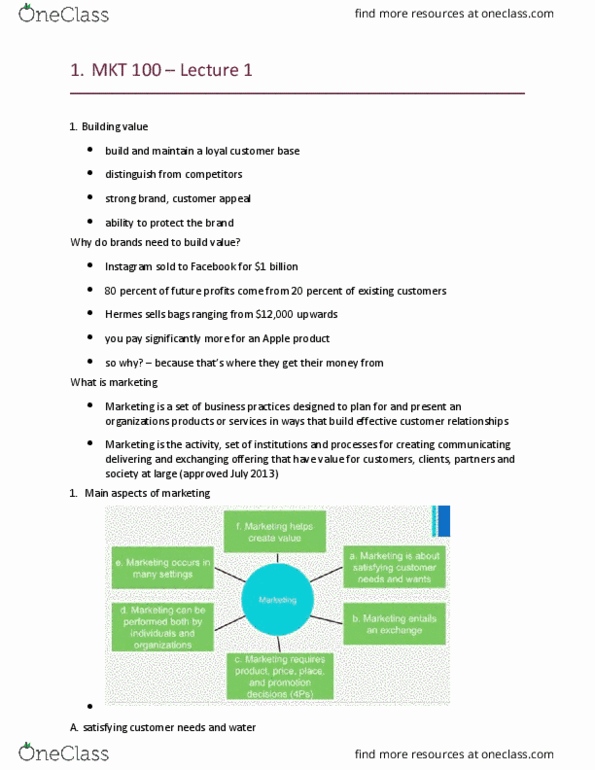 MKT 100 Lecture Notes - Lecture 1: Critical Success Factor, Marketing thumbnail