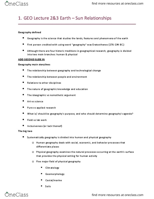 GEO 110 Lecture Notes - Lecture 2: Human Geography, Climatology, Geomorphology thumbnail