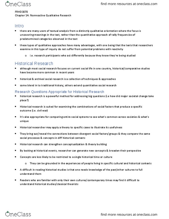 FRHD 3070 Chapter Notes - Chapter 14: Institute Of Historical Research, Historical Method, Data Analysis thumbnail