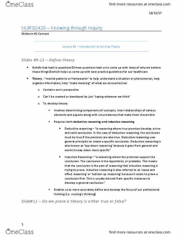 NURS 2420U Lecture Notes - Lecture 6: Nursing Theory, Advanced Practice Registered Nurse, Inductive Reasoning thumbnail