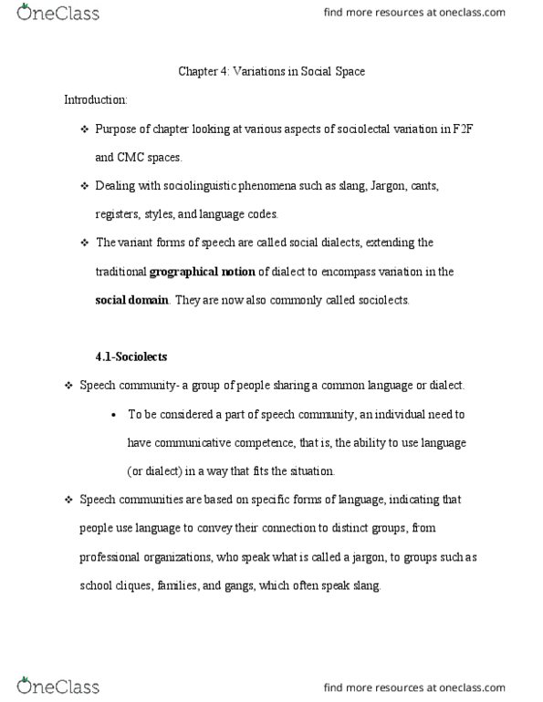 ANT253H1 Chapter Notes - Chapter 4: Sociolect, Speech Community, Jargon thumbnail