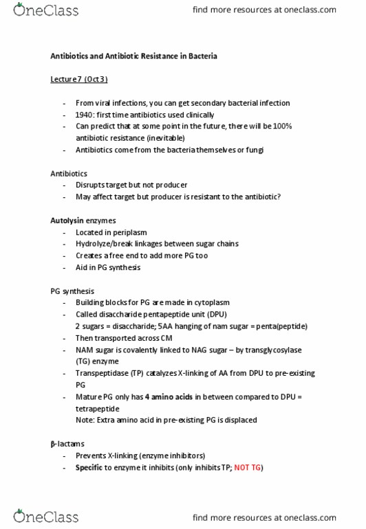 MICB 201 Chapter Notes - Chapter 7: Antimicrobial Resistance, Autolysin, Antibiotics thumbnail