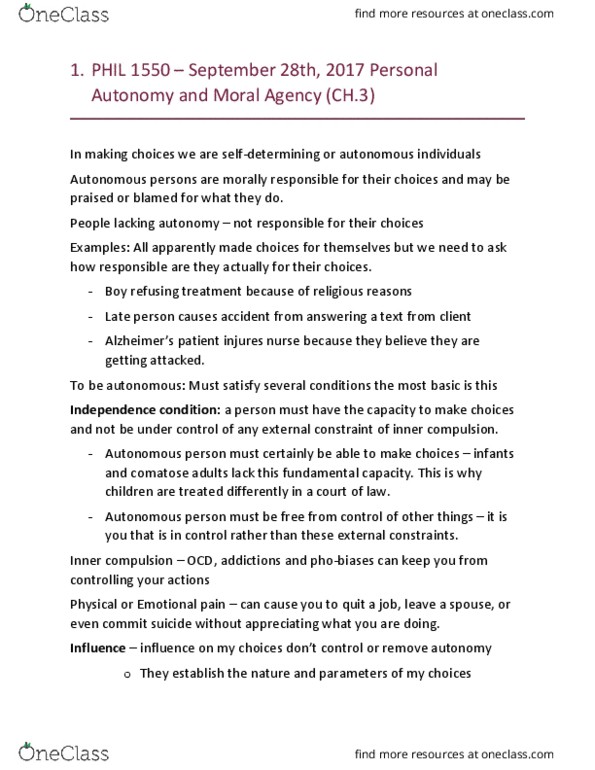 PHIL 1550 Lecture Notes - Lecture 3: Moral Agency, Moral Responsibility, Paternalism thumbnail