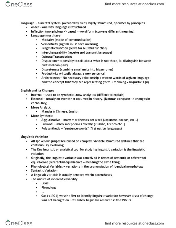 LIN 2381 Lecture Notes - Lecture 1: Diaphoneme, Nonpast Tense, Linguistic System thumbnail