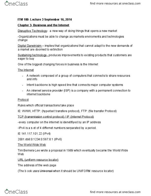 ITM 100 Lecture Notes - Lecture 3: Internet Service Provider, Uniform Resource Locator, Transmission Control Protocol thumbnail