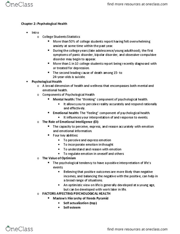HEA 100 Lecture Notes - Lecture 2: Bipolar Disorder, Panic Disorder, Self-Actualization thumbnail