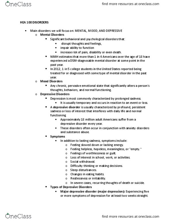 HEA 100 Lecture Notes - Lecture 4: Major Depressive Disorder, Mental Disorder, Solitude thumbnail