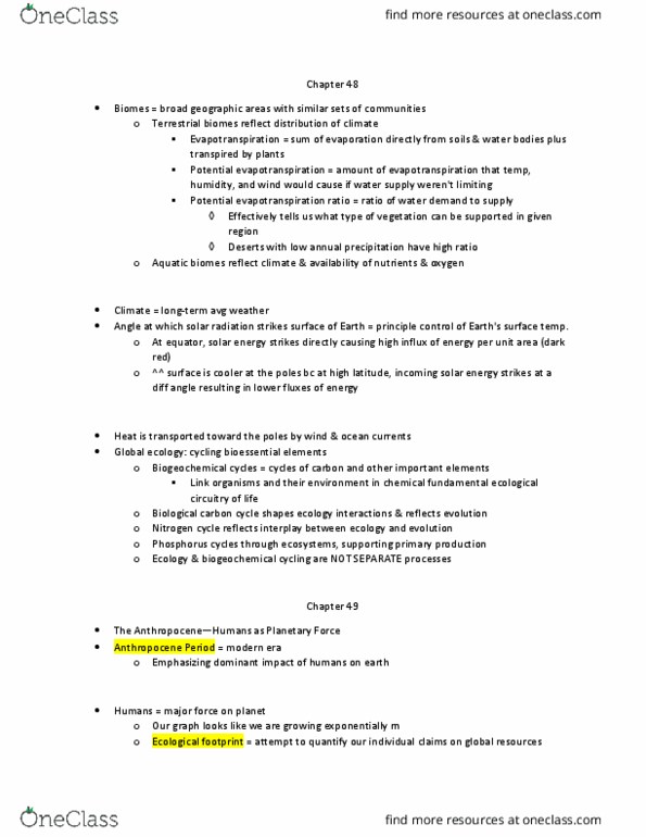 LIFESCI 2 Chapter Notes - Chapter 49: Biogeochemical Cycle, Ecological Footprint, Evapotranspiration thumbnail