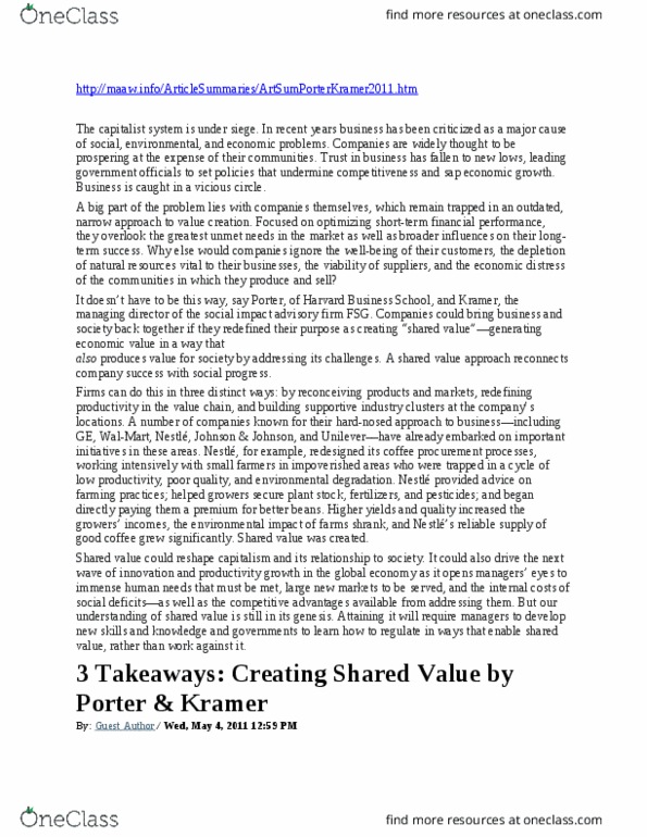 MGMT 1040 Lecture Notes - Lecture 11: Creating Shared Value, Johnson & Johnson, Walmart thumbnail