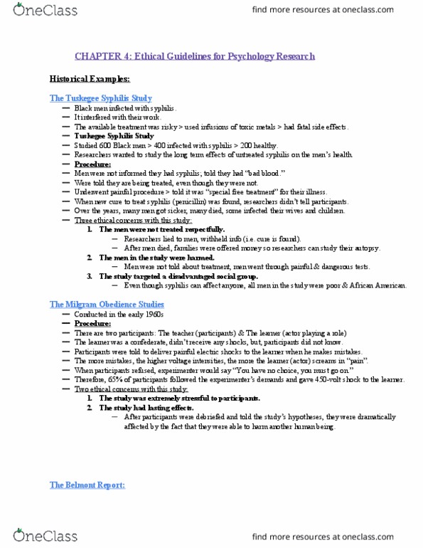 PSYC 2001 Lecture Notes - Lecture 4: Belmont Report, Syphilis, Penicillin thumbnail