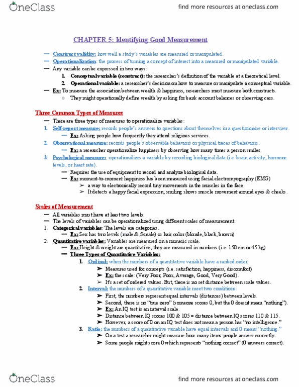 PSYC 2001 Lecture Notes - Lecture 5: Inter-Rater Reliability, Level Of Measurement, Operationalization thumbnail