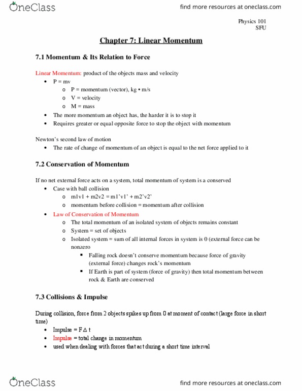 PHYS 101 Chapter Notes - Chapter 7: Elastic Collision, Inelastic Collision, Isolated System thumbnail