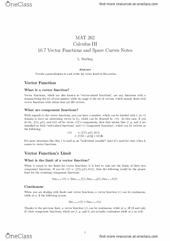 MAT-262 Lecture Notes - Lecture 7: Trefoil Knot, Parametric Equation, Algebraic Curve thumbnail