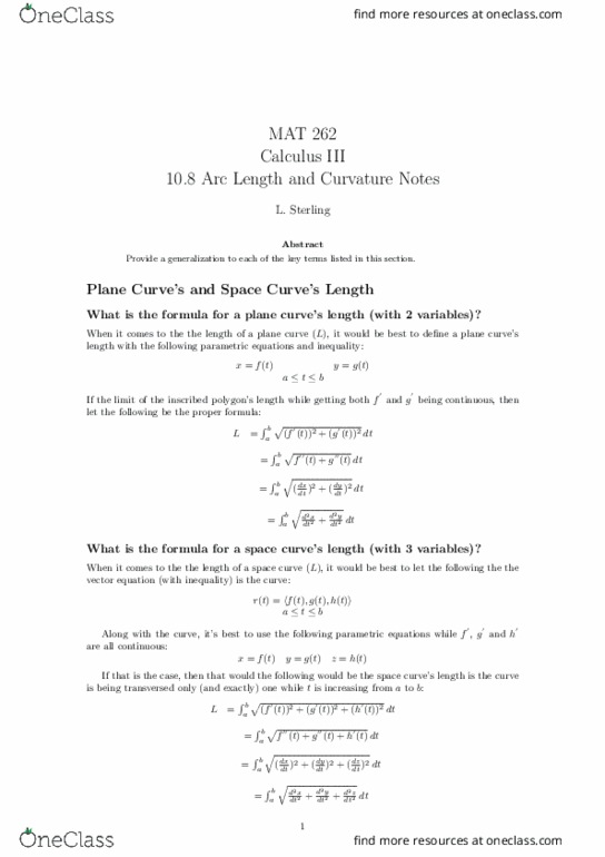 MAT-262 Lecture Notes - Lecture 8: Plane Curve, Becquerel, Osculating Plane thumbnail