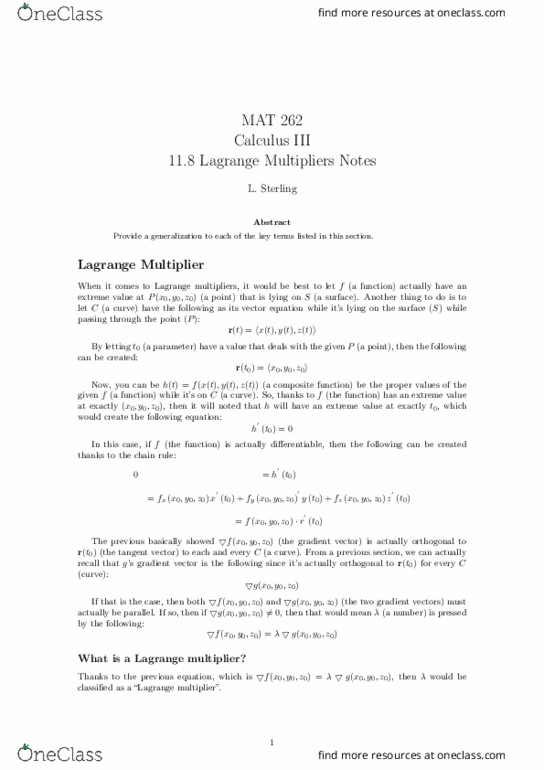 MAT-262 Lecture Notes - Lecture 17: Lagrange Multiplier, Function Composition thumbnail