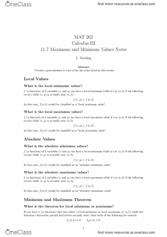 MAT-262 Lecture Notes - Lecture 16: Maxima And Minima, Fxx, Saddle Point thumbnail
