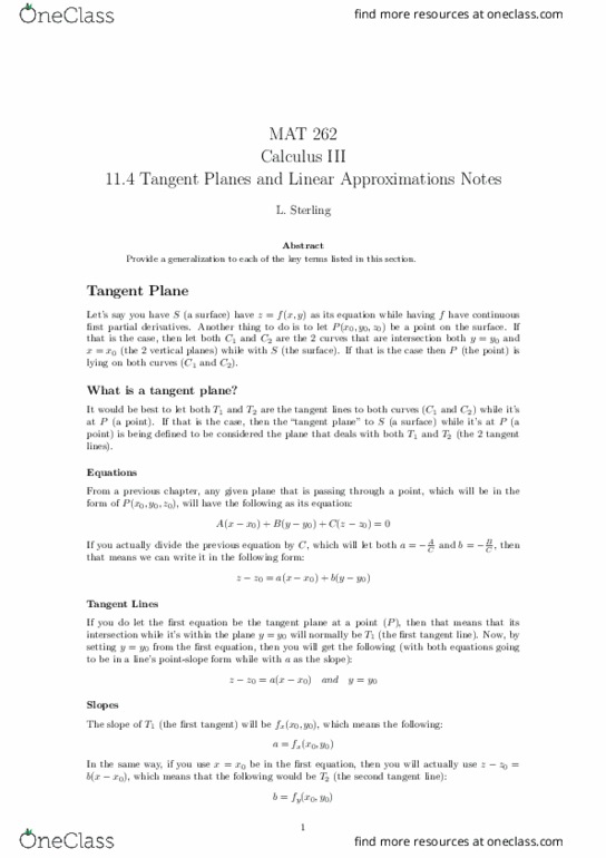 MAT-262 Lecture Notes - Lecture 13: Tangent Space, Partial Derivative, Farad thumbnail