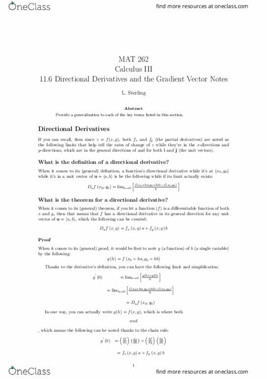 MAT-262 Lecture Notes - Lecture 15: Directional Derivative, Unit Vector, Farad thumbnail