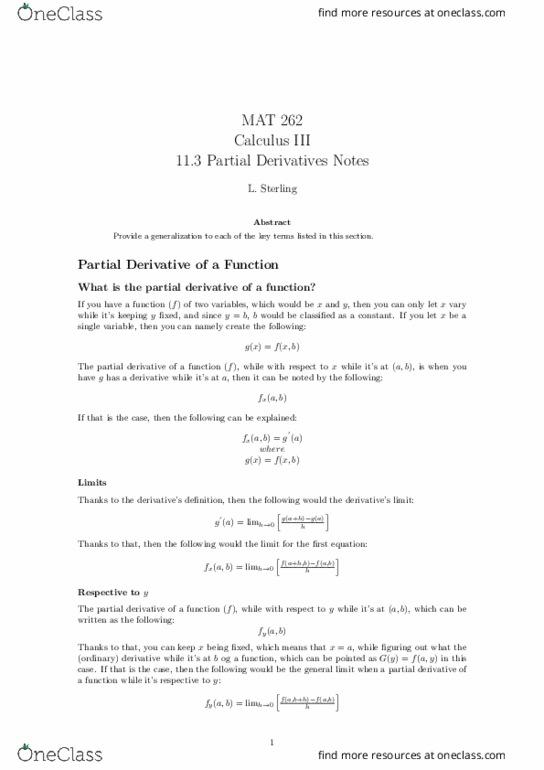 MAT-262 Lecture Notes - Lecture 12: Partial Derivative, Fxx, Production Function thumbnail