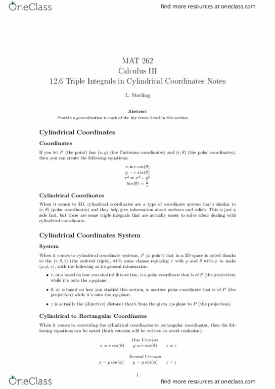 MAT-262 Lecture Notes - Lecture 23: Cylindrical Coordinate System, Cartesian Coordinate System, Multiple Integral thumbnail