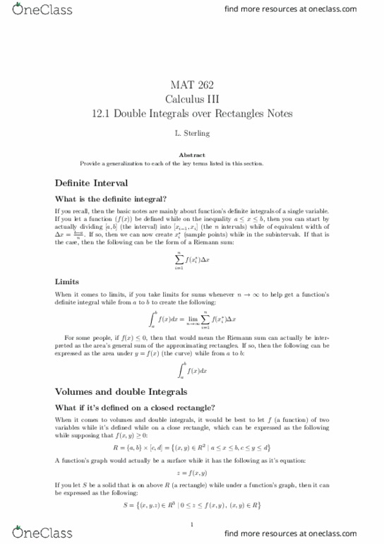 MAT-262 Lecture Notes - Lecture 18: Riemann Sum, Equivalent Width, Multiple Integral thumbnail