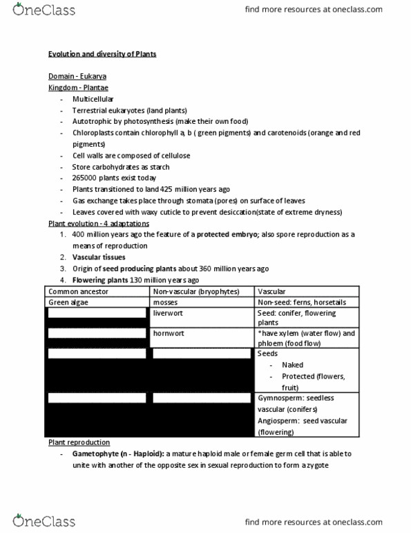 BI111 Lecture Notes - Lecture 3: Plant Evolution, Green Algae, Plant Reproduction thumbnail