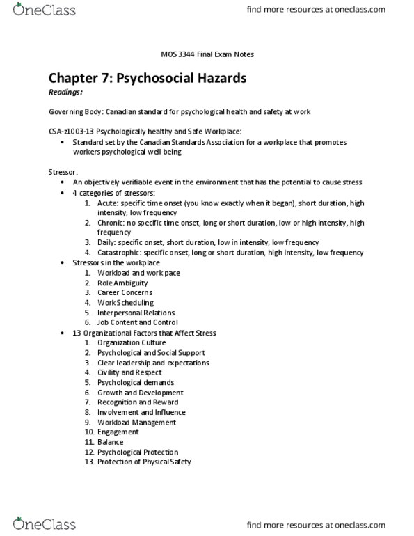 Management and Organizational Studies 3344A/B Chapter Notes - Chapter 7-14: Csa Group, Workplace Violence, Occupational Stress thumbnail