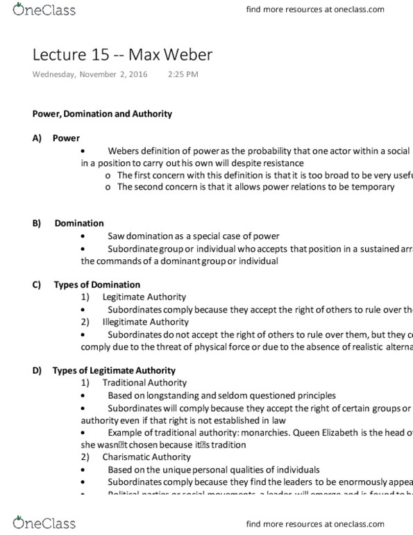 SOCIOL 2S06 Lecture Notes - Lecture 15: Pierre Trudeau, Ideal Type, Mphasis thumbnail